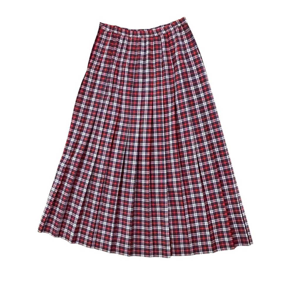 Vintage Susan Bristol Plaid Pleated Midi Skirt Red Navy Tartan Rayon Size 8-